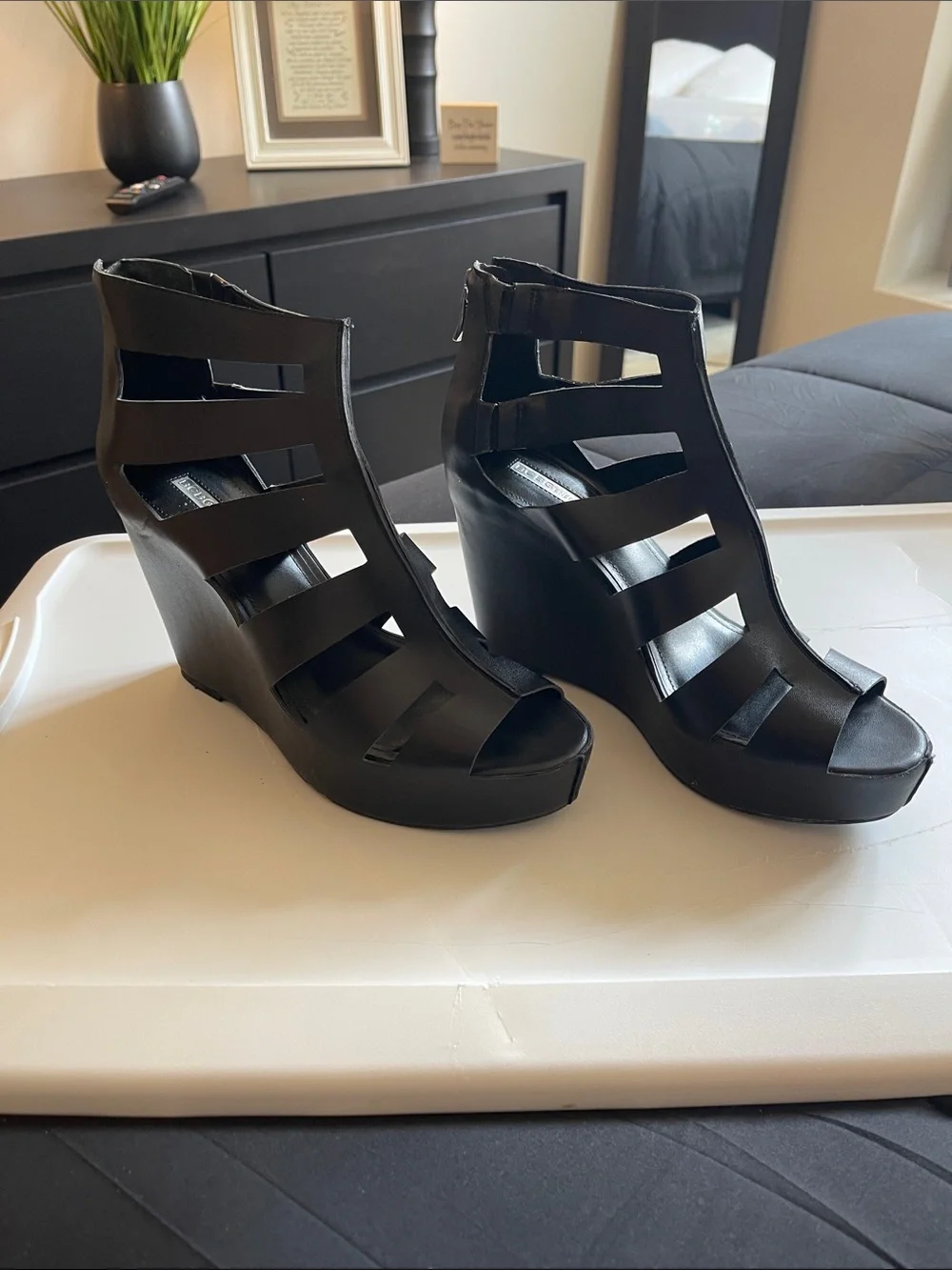 BCBGeneration Black Strappy Cutout Wedge Sandals